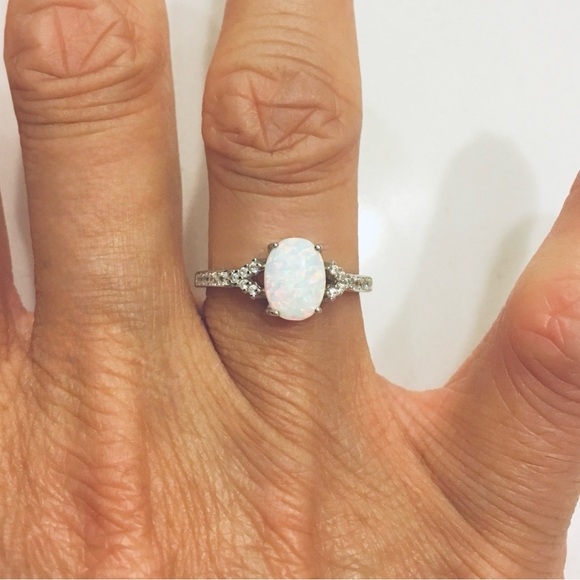 Sterling Silver Solitaire White Lab Opal Ring with CZ, Engagement Rings - Picture 2 of 8